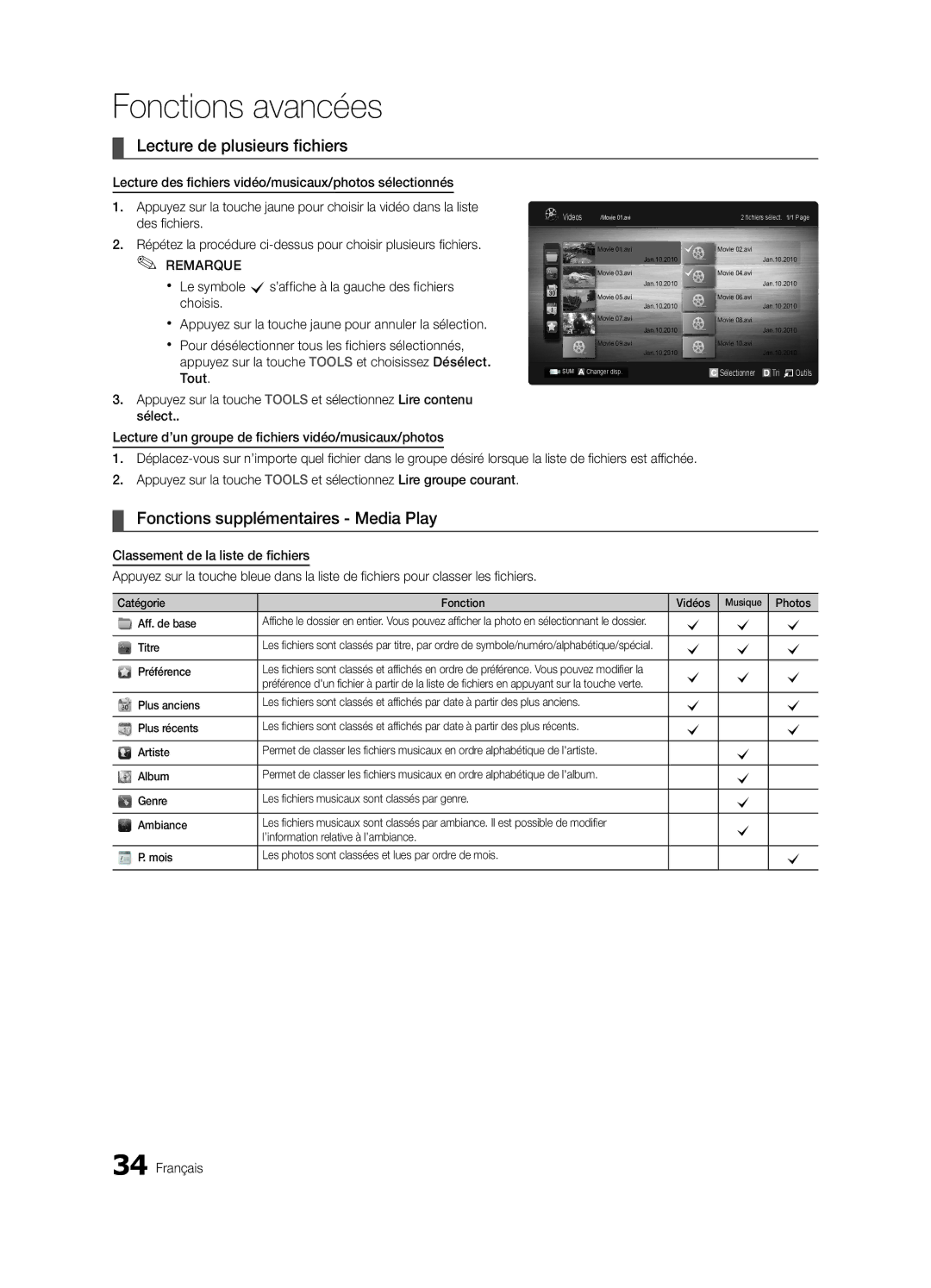 Samsung LN32C550 user manual Lecture de plusieurs fichiers, Fonctions supplémentaires Media Play, Fichiers est affichée 