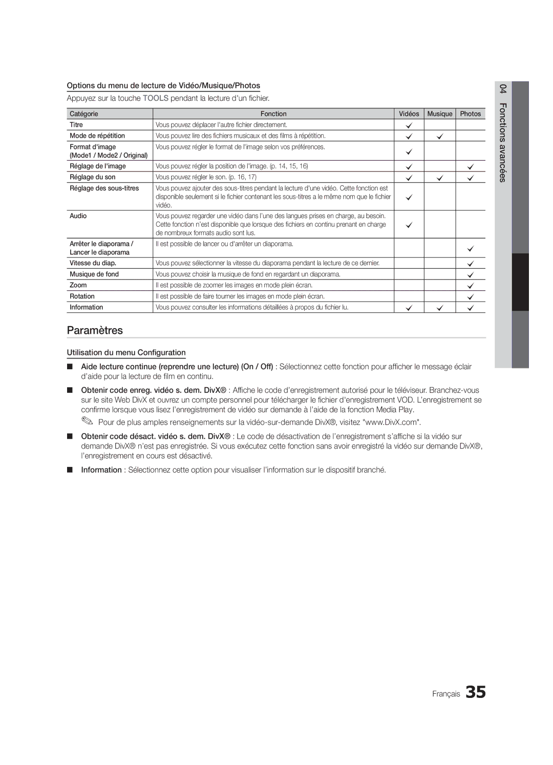 Samsung LN32C550 user manual Paramètres, Vidéo Audio 