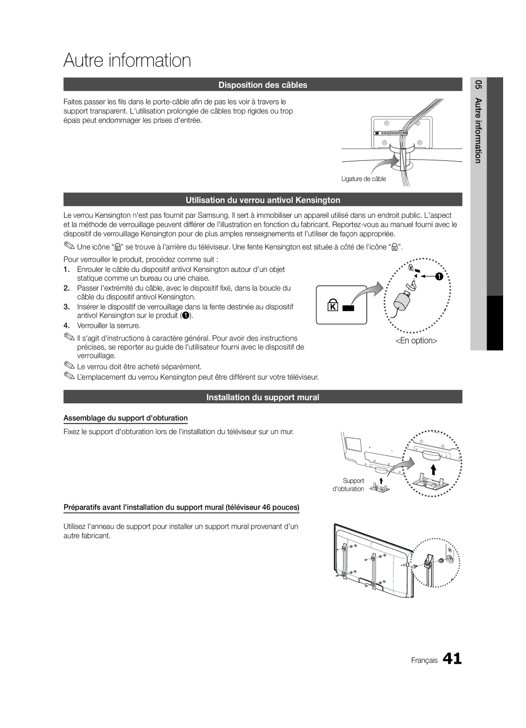 Samsung LN32C550 user manual Autre information, Disposition des câbles, Utilisation du verrou antivol Kensington 