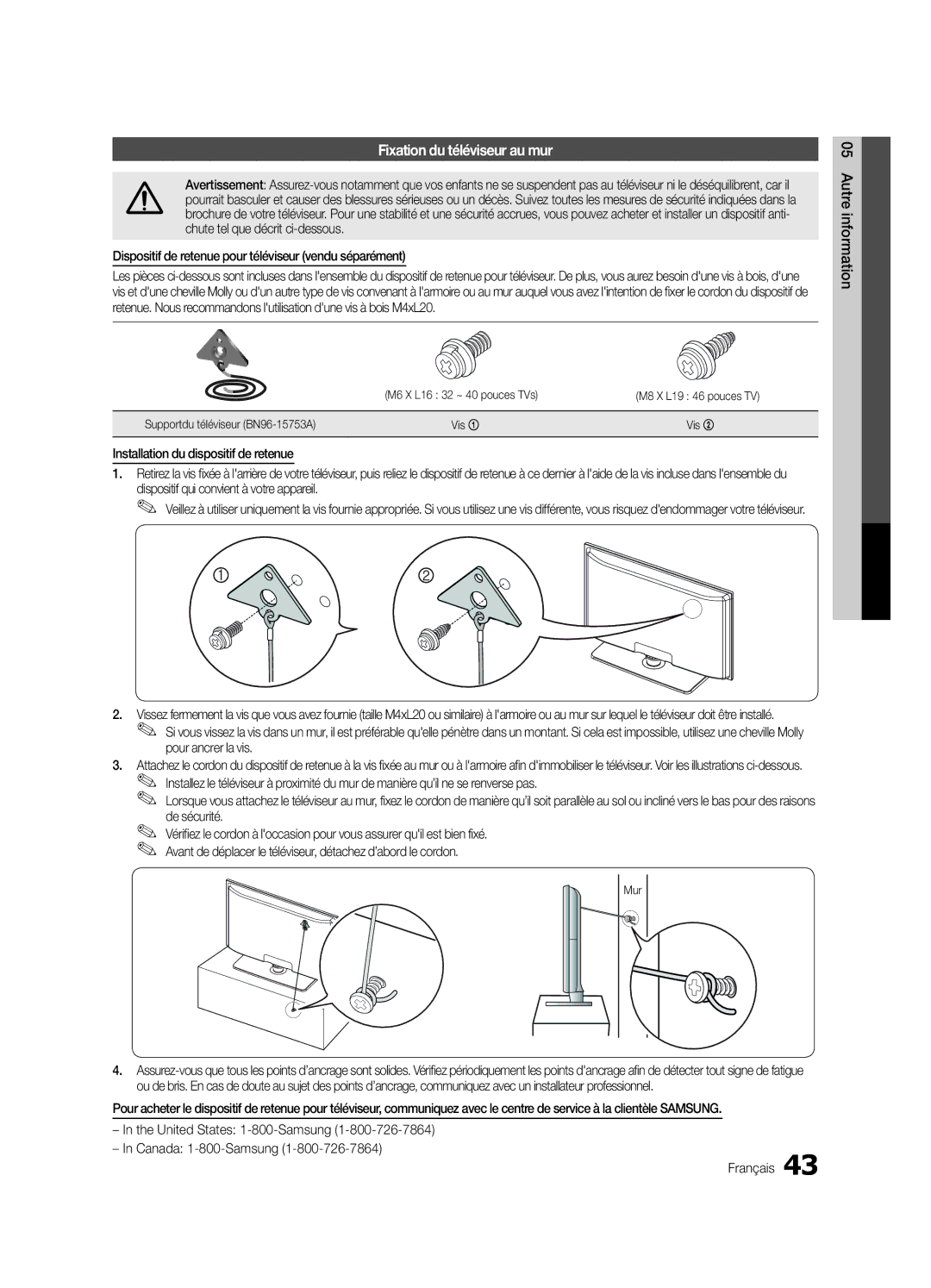 Samsung LN32C550 Fixation du téléviseur au mur, Dispositif de retenue pour téléviseur vendu séparément, Pour ancrer la vis 