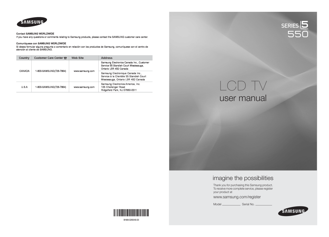 Samsung LN32C550 user manual Lcd Tv, imagine the possibilities, Model, Contact SAMSUNG WORLDWIDE, Country, Web Site 