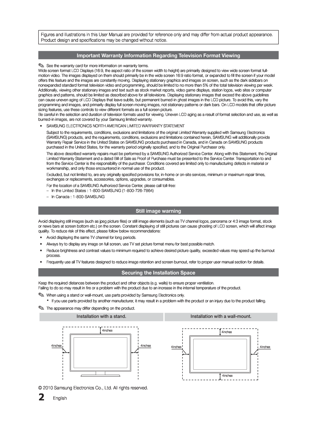 Samsung LN32C550 user manual Important Warranty Information Regarding Television Format Viewing, Still image warning 