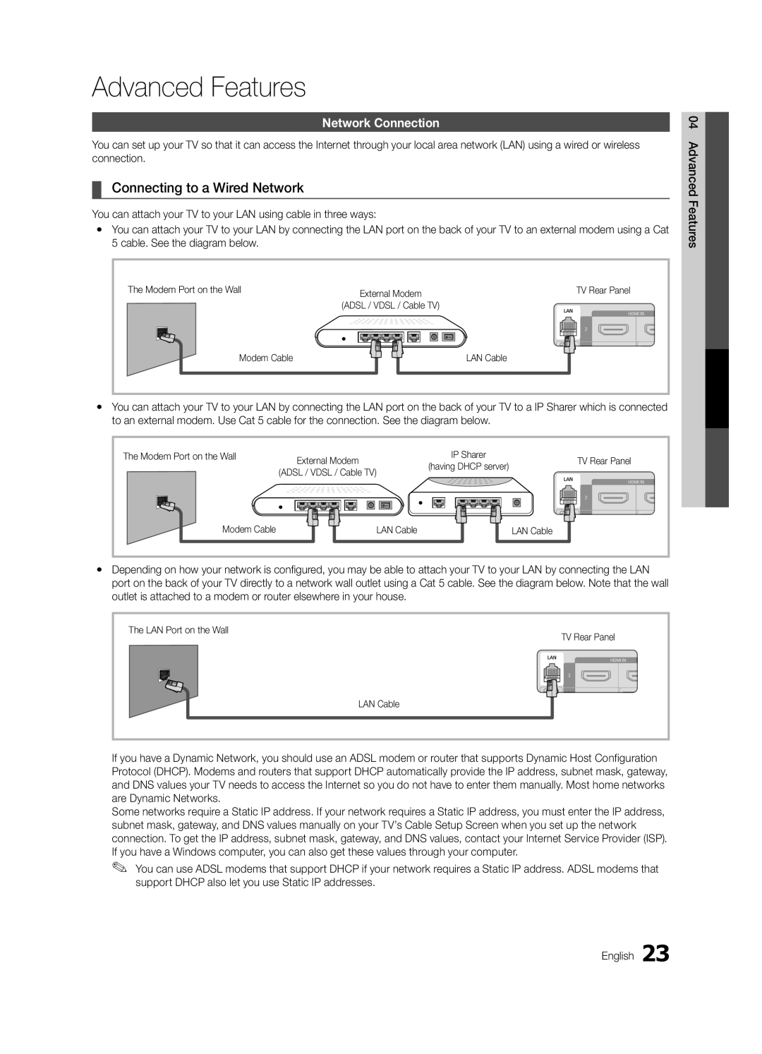 Samsung LN32C550 user manual Advanced Features, Connecting to a Wired Network, Network Connection 