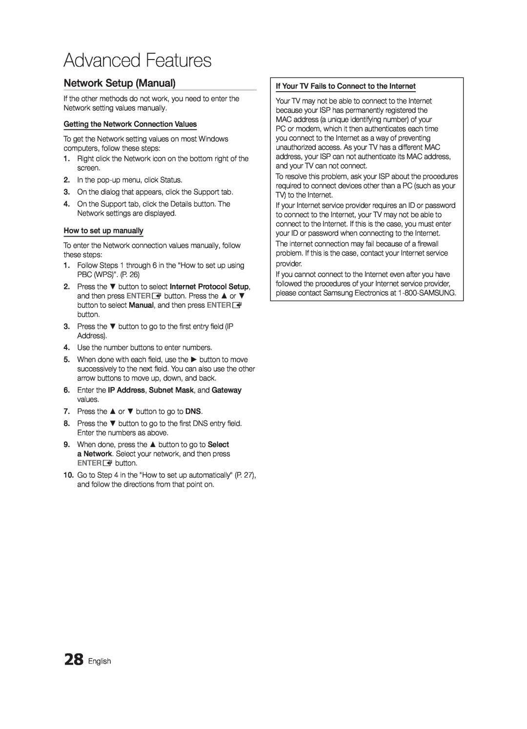 Samsung LN32C550 user manual Advanced Features, Network Setup Manual 