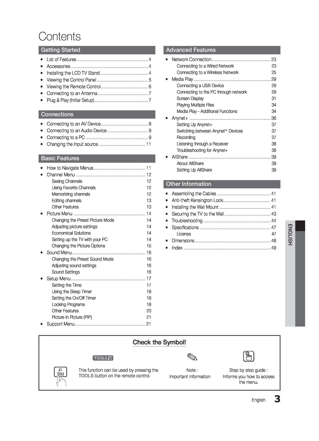 Samsung LN32C550 user manual Contents, Check the Symbol, Getting Started, Connections, Advanced Features, Basic Features 