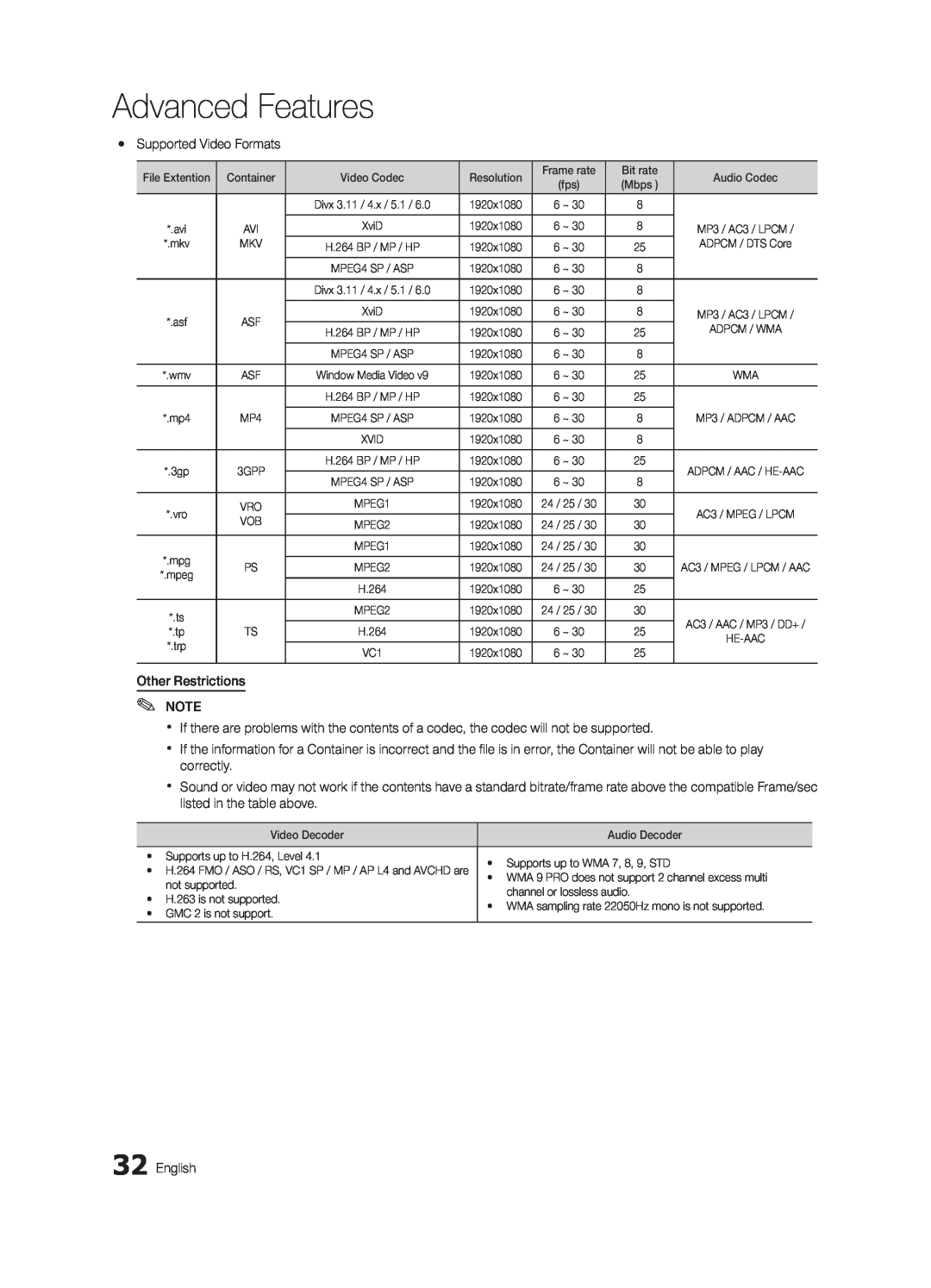 Samsung LN32C550 user manual Advanced Features, yy Supported Video Formats, Other Restrictions, English 