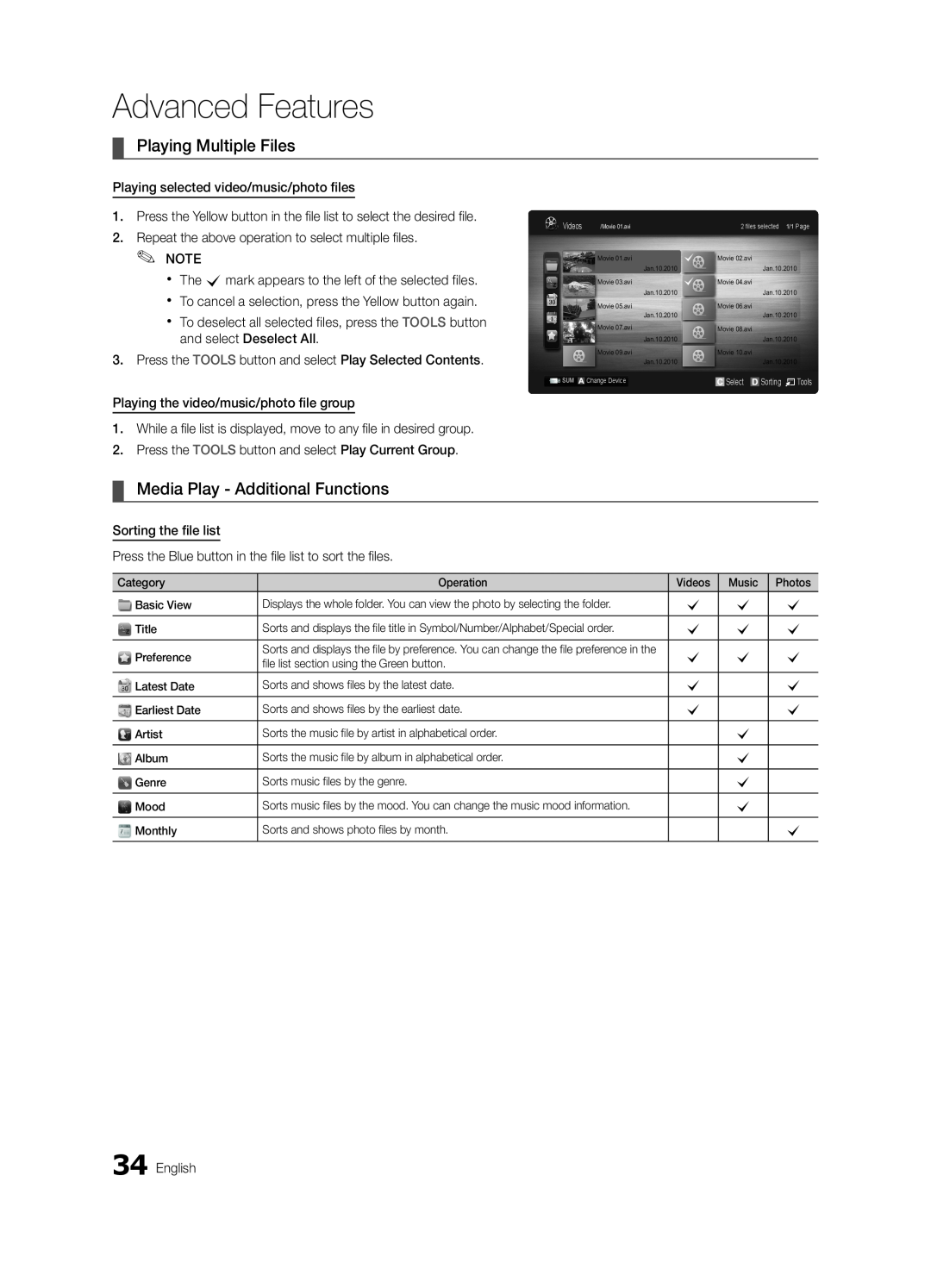 Samsung LN32C550 user manual Playing Multiple Files, Media Play - Additional Functions, Advanced Features 