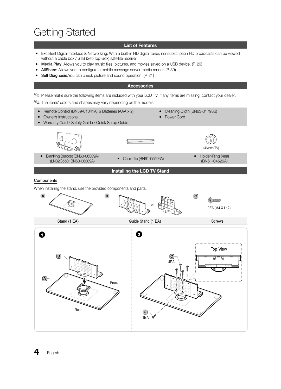 Samsung LN32C550 user manual Getting Started, List of Features, Accessories, Installing the LCD TV Stand, Top View 