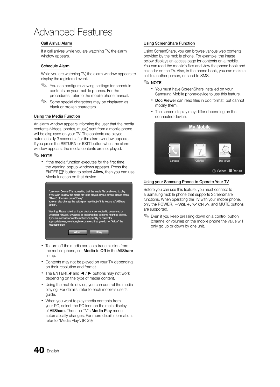 Samsung LN32C550 user manual My Mobile, Advanced Features 