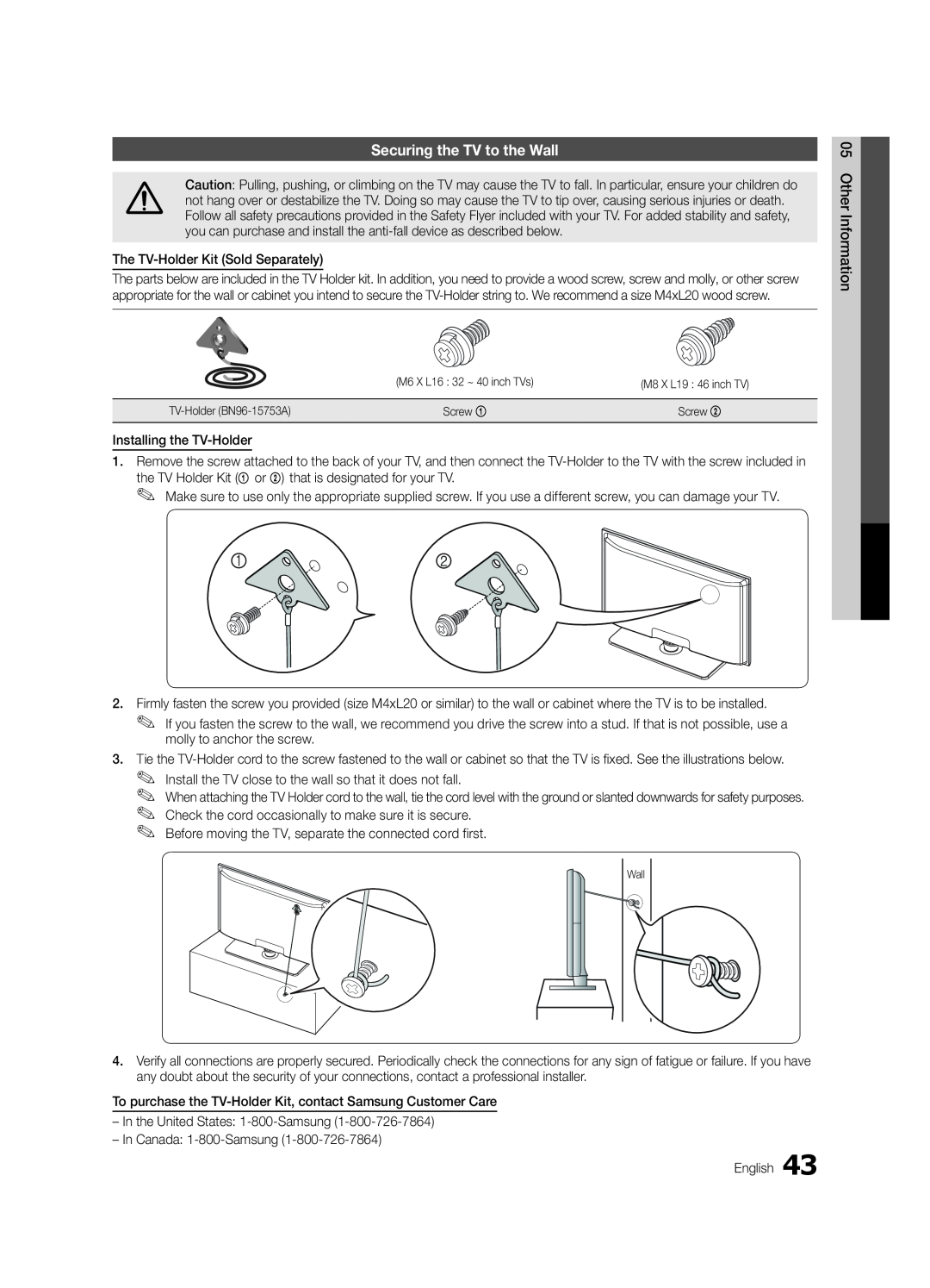 Samsung LN32C550 user manual Securing the TV to the Wall 