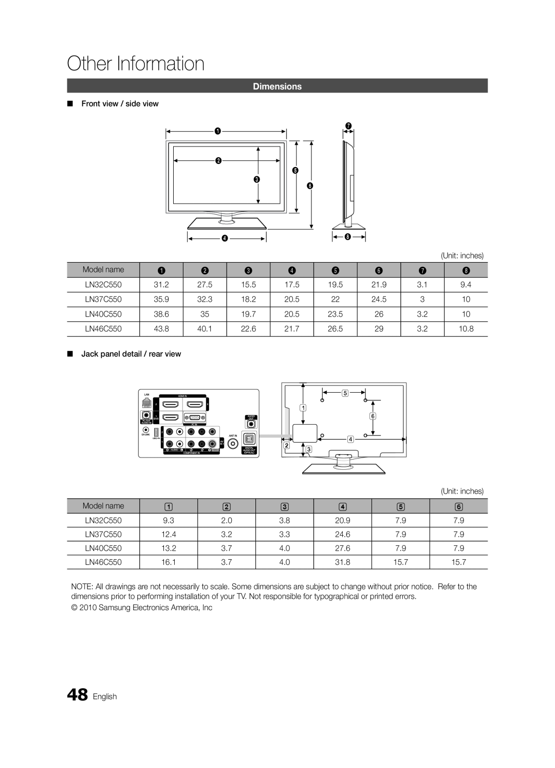 Samsung LN32C550 user manual Dimensions, Other Information 