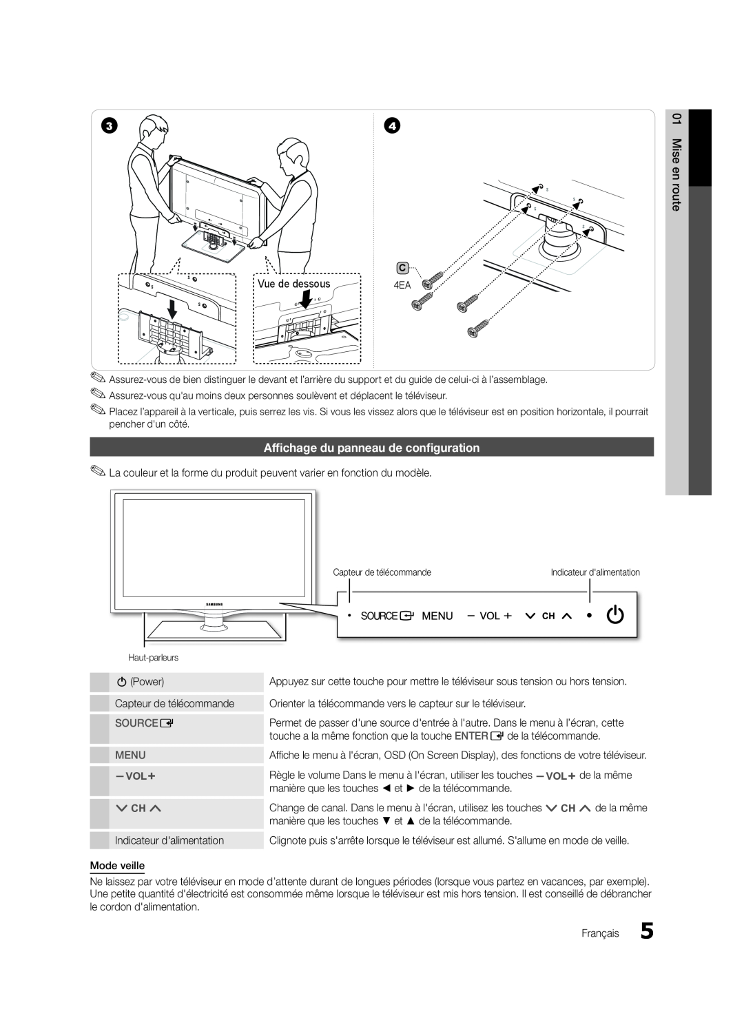 Samsung LN32C550 user manual Vue de dessous, Affichage du panneau de configuration, Source E, Menu 