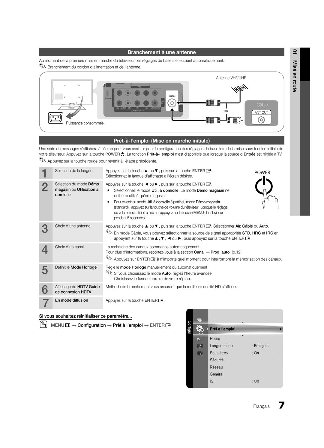 Samsung LN32C550 user manual Branchement à une antenne, Prêt-à-l’emploi Mise en marche initiale, Câble, Prêt à lemploi 