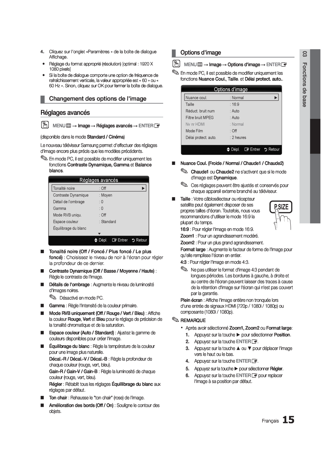 Samsung LN32C550 user manual Réglages avancés, Changement des options de limage, Options dimage 