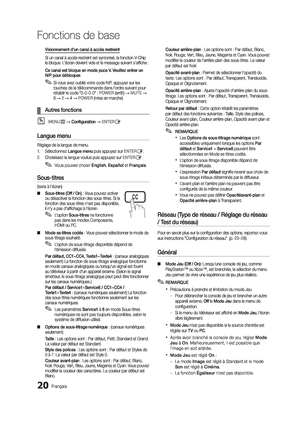 Samsung LN32C550 user manual Langue menu, Sous-titres, Réseau Type de réseau / Réglage du réseau / Test du réseau, Général 