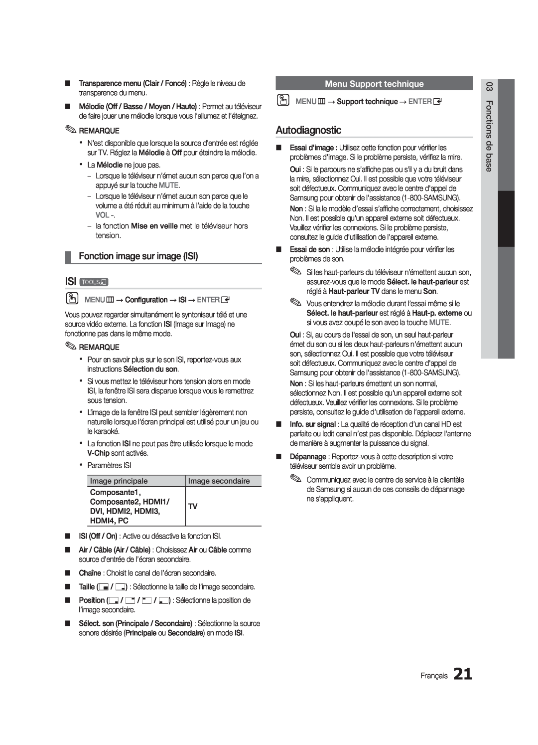 Samsung LN32C550 user manual ISI t, Autodiagnostic, Fonction image sur image ISI, Menu Support technique 