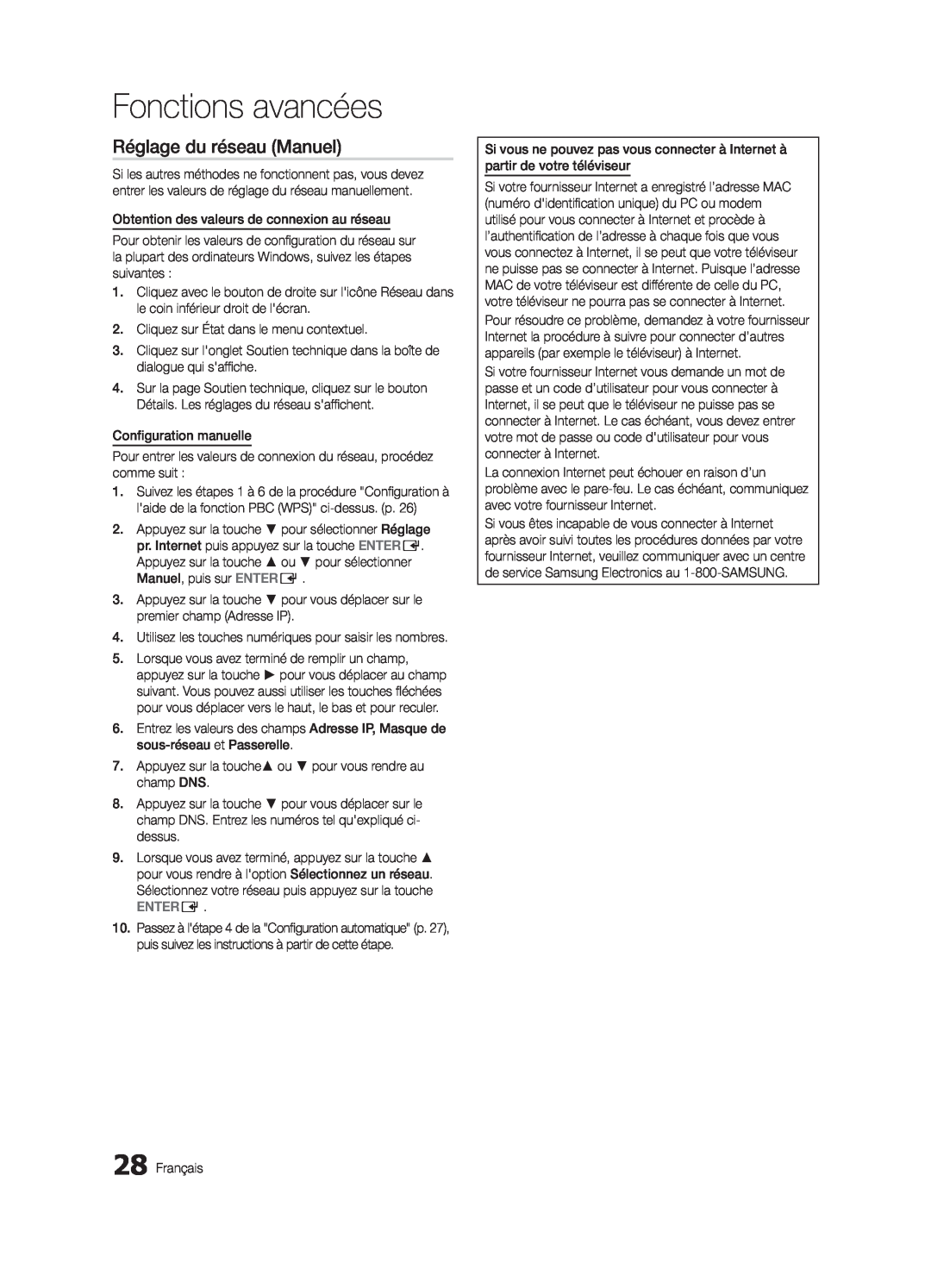 Samsung LN32C550 user manual Fonctions avancées, Réglage du réseau Manuel, Entere 