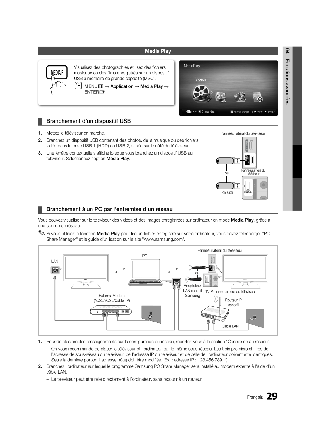 Samsung LN32C550 Branchement d’un dispositif USB, Branchement à un PC par lentremise dun réseau, Media Play, Entere 