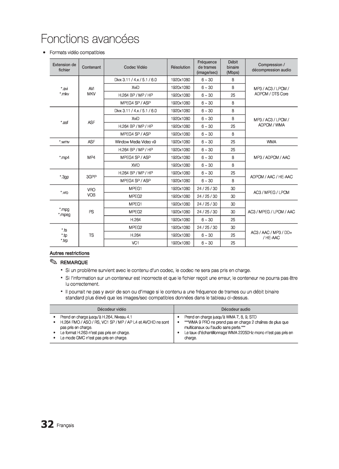 Samsung LN32C550 user manual Fonctions avancées, yy Formats vidéo compatibles, Autres restrictions REMARQUE, Français 