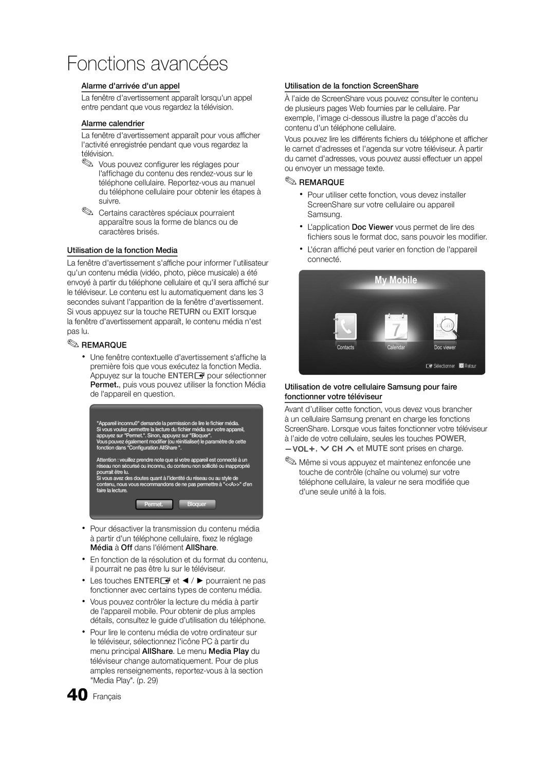 Samsung LN32C550 user manual Fonctions avancées, My Mobile, ESélectionner, Retour 