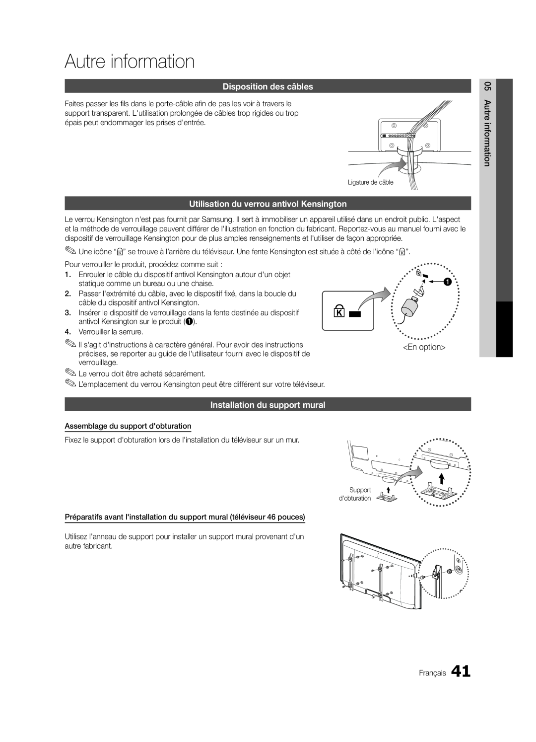 Samsung LN32C550 user manual Autre information, Disposition des câbles, Utilisation du verrou antivol Kensington 
