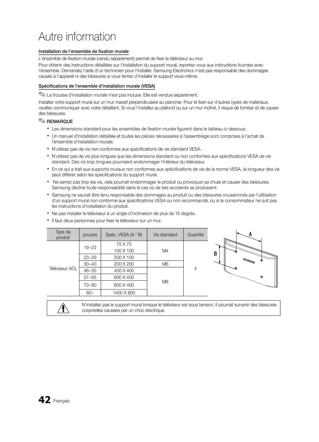 Samsung LN32C550 user manual Autre information, Spéc. VESA A * B 