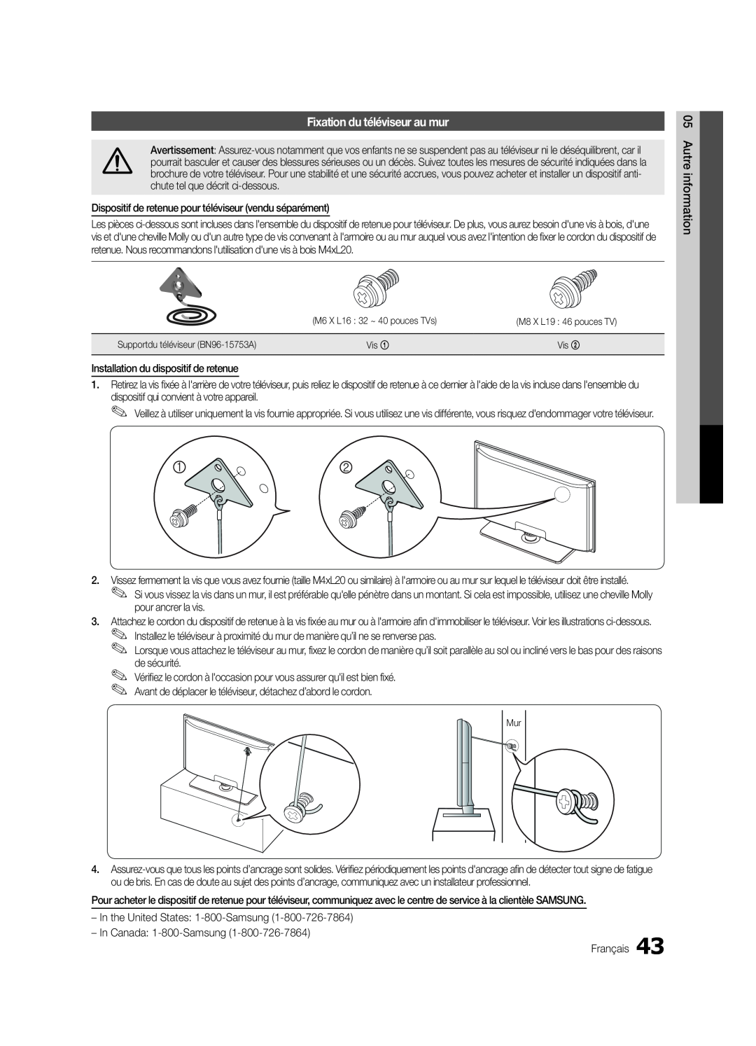 Samsung LN32C550 user manual Fixation du téléviseur au mur 