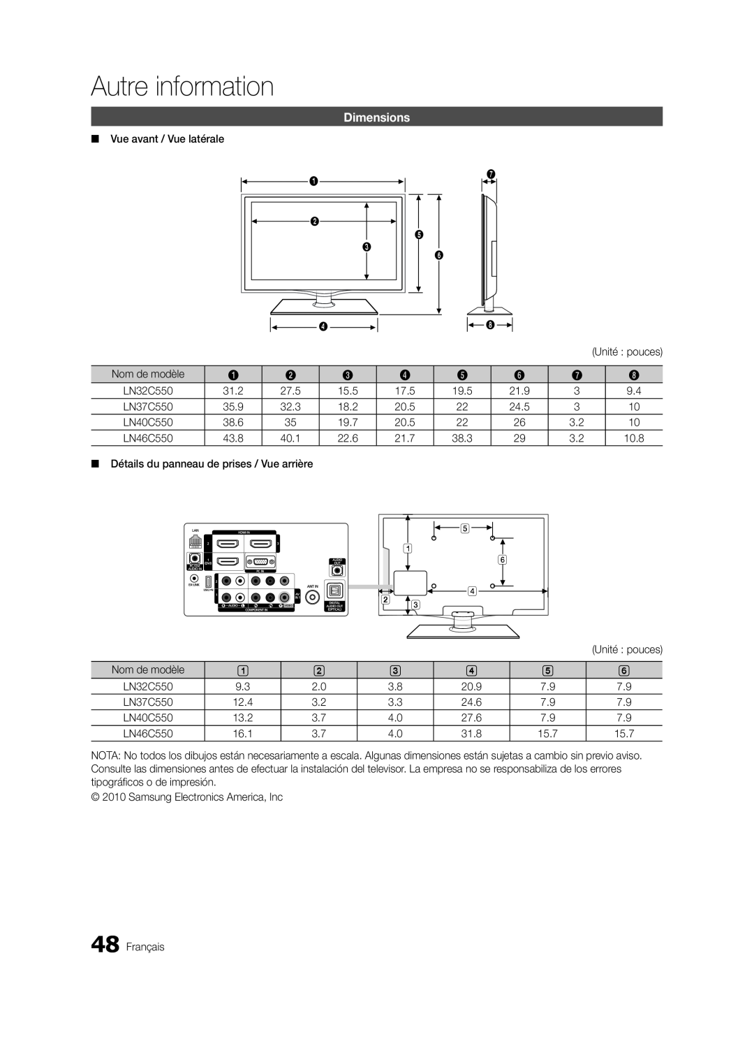 Samsung LN32C550 user manual Autre information, Dimensions, Détails du panneau de prises / Vue arrière 