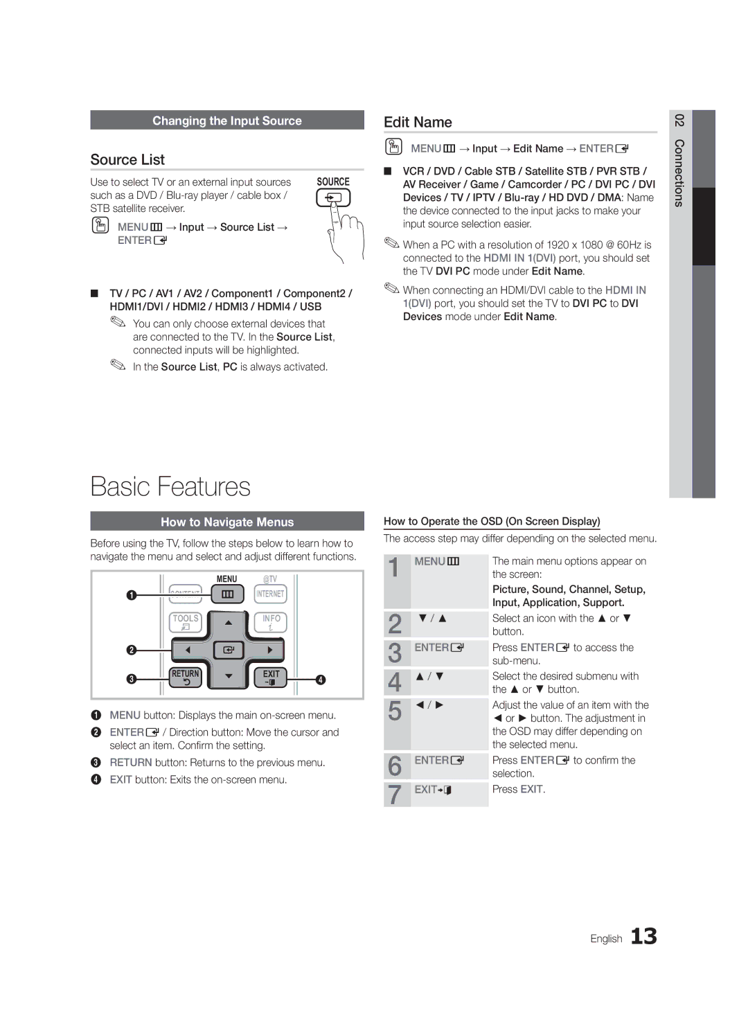 Samsung LN46C650, LN32C650, LN55C650 user manual Source List, Edit Name, Changing the Input Source, How to Navigate Menus 