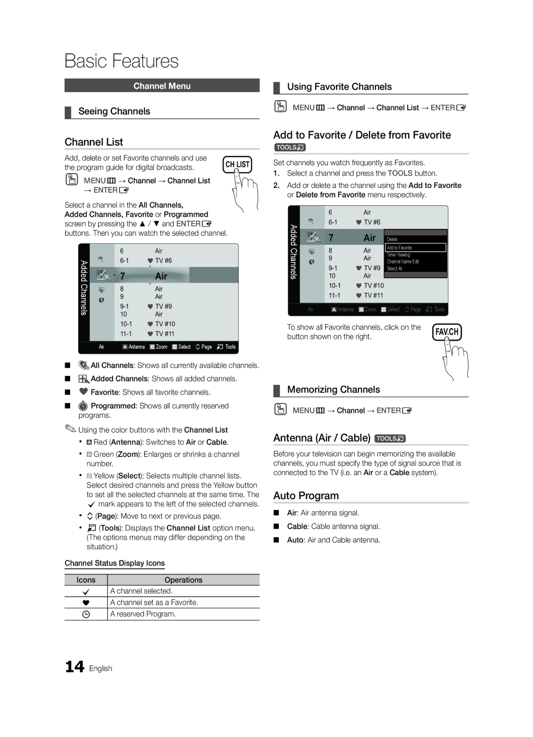 Samsung LN55C650, LN32C650 Channel List, Add to Favorite / Delete from Favorite, Antenna Air / Cable t, Auto Program 