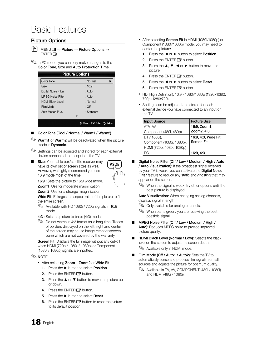 Samsung LN32C650, LN46C650, LN55C650 user manual Picture Options 