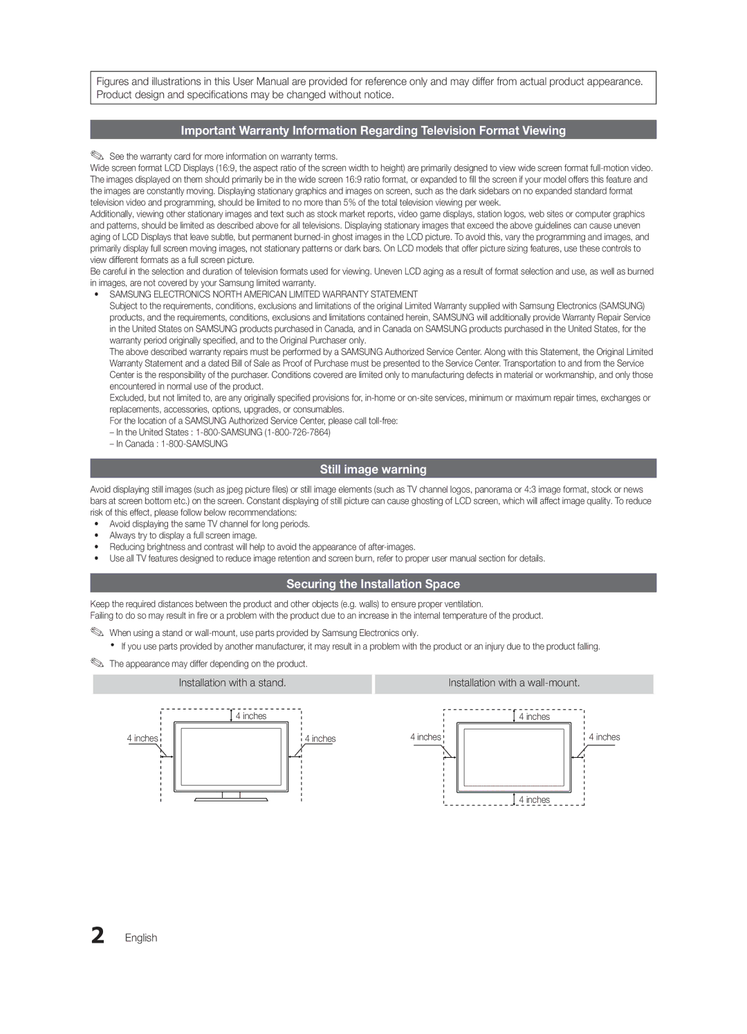 Samsung LN55C650, LN32C650 Still image warning, Securing the Installation Space, Installation with a stand, English 