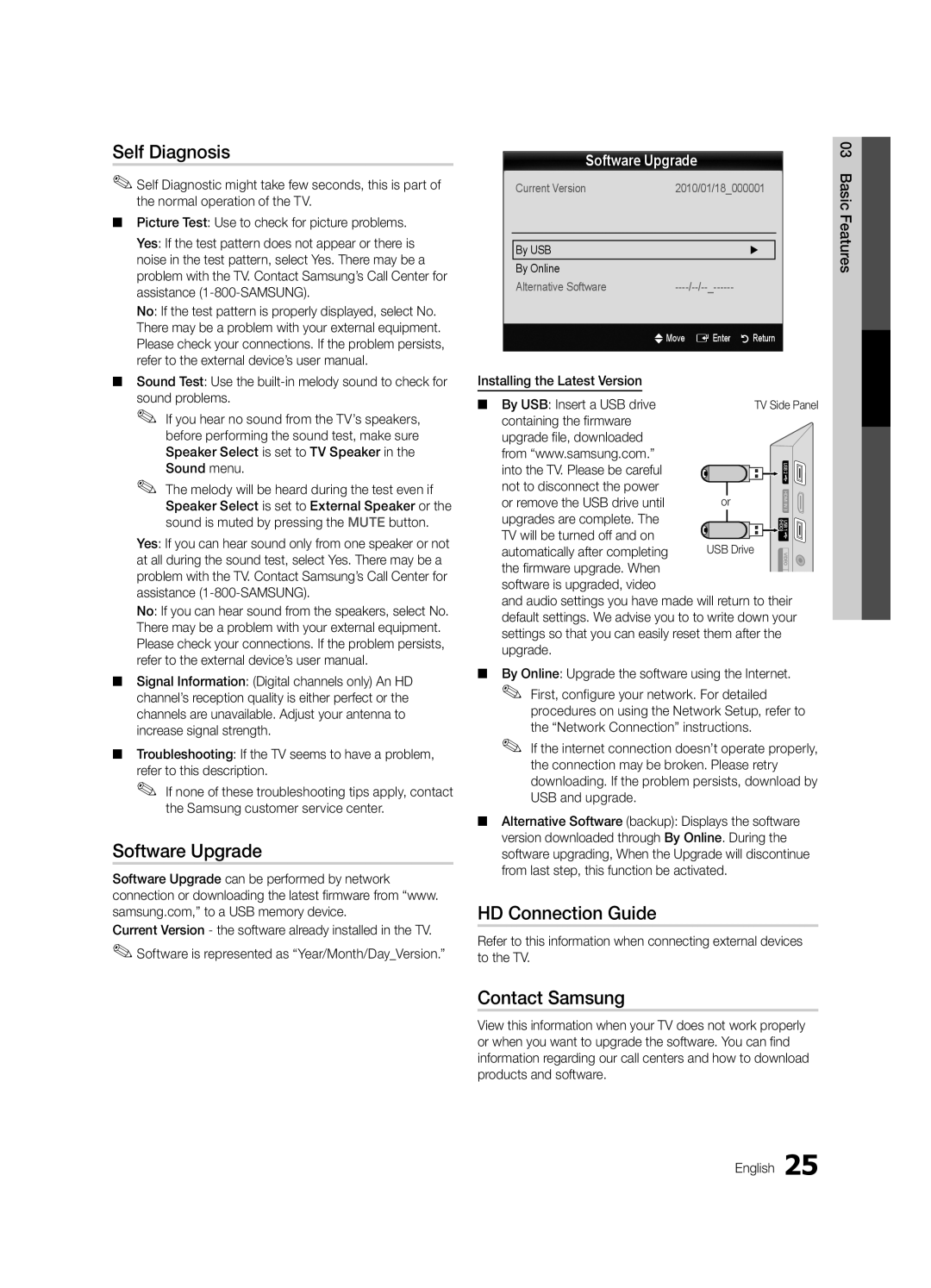 Samsung LN46C650, LN32C650, LN55C650 user manual Self Diagnosis, Software Upgrade, HD Connection Guide, Contact Samsung 