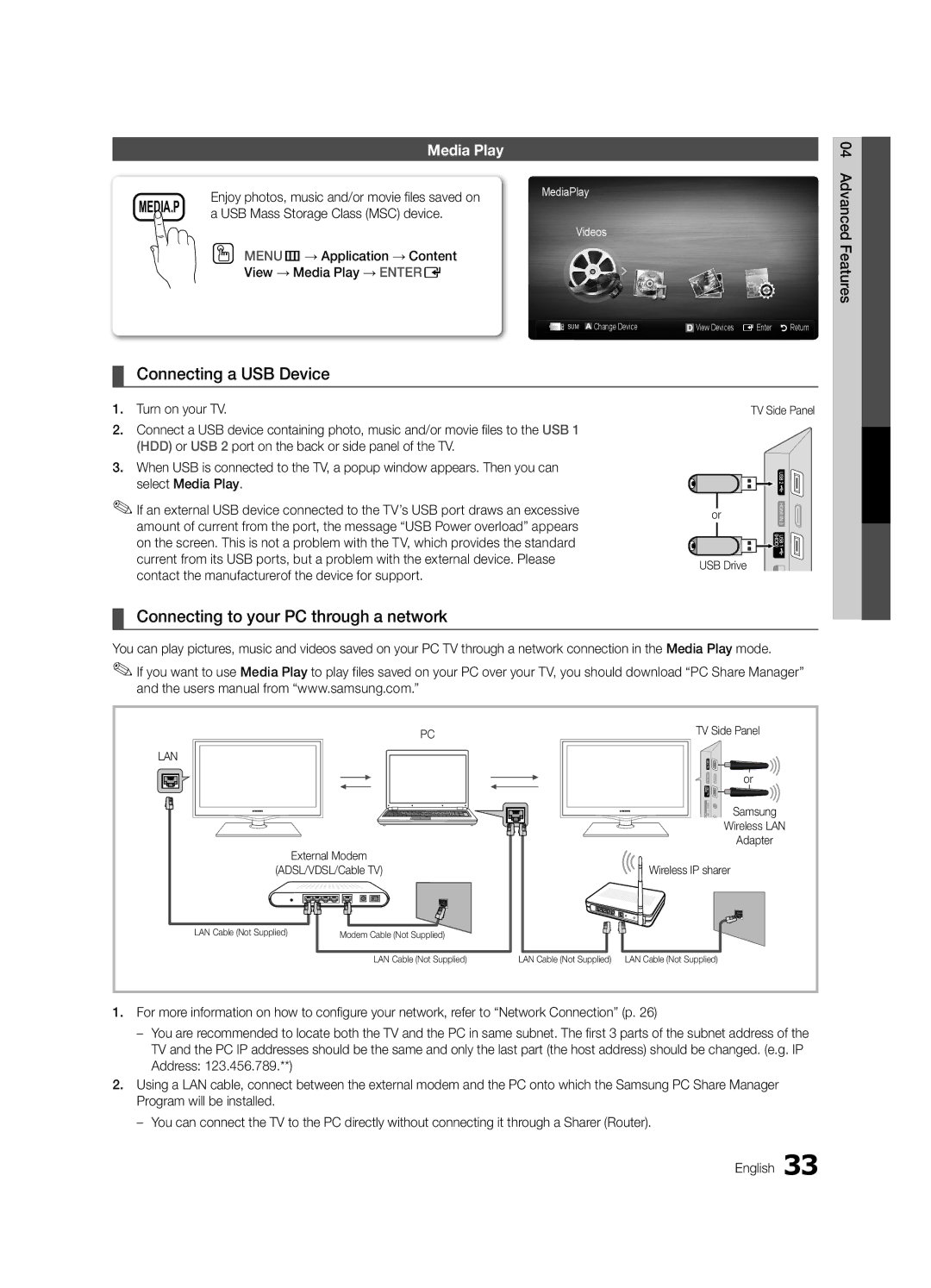 Samsung LN32C650 Connecting a USB Device, Connecting to your PC through a network, USB Mass Storage Class MSC device 