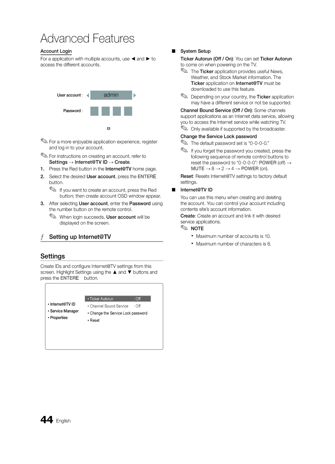 Samsung LN55C650 Setting up Internet@TV, Login, Default password set is, Create Create an account and link it with desired 