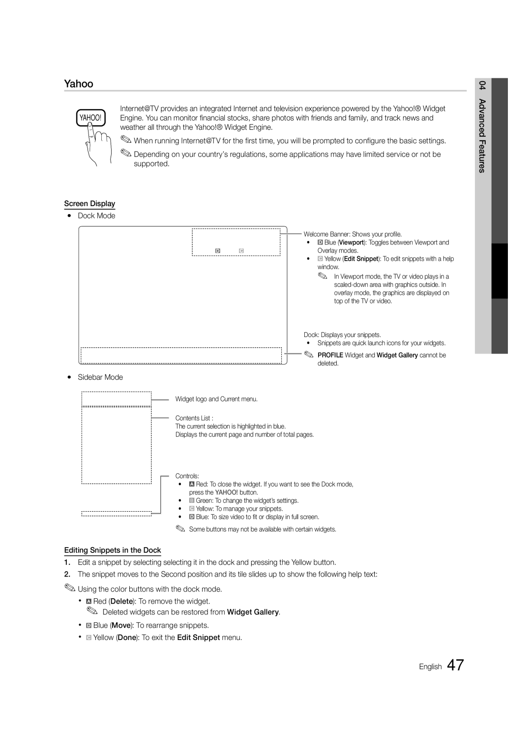 Samsung LN55C650, LN32C650, LN46C650 user manual Yahoo, Sidebar Mode 