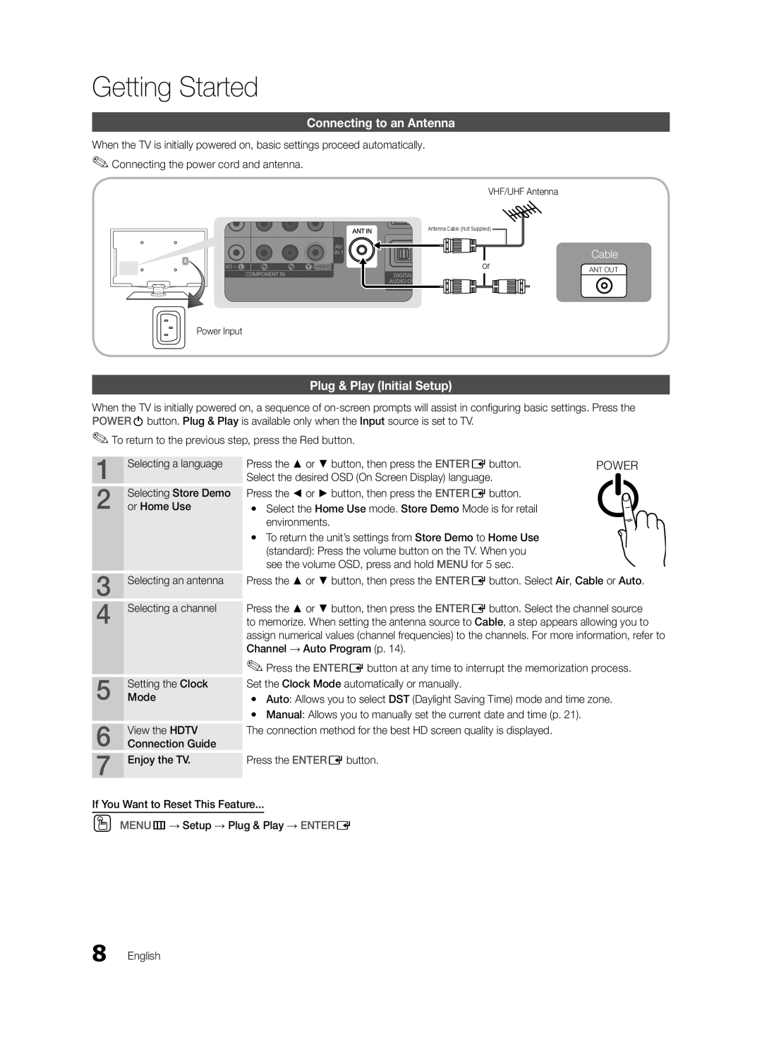 Samsung LN55C650 Connecting to an Antenna, Plug & Play Initial Setup, Press the or button, then press the ENTEREbutton 