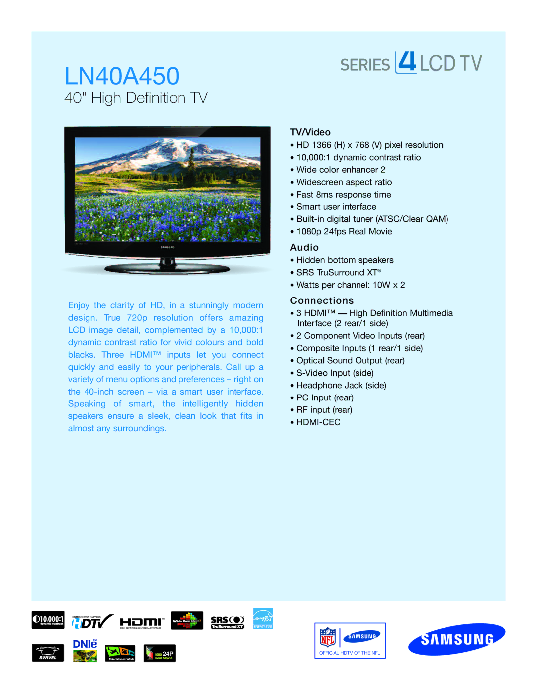 Samsung LN40A450 manual TV/Video, Audio, Connect ions 