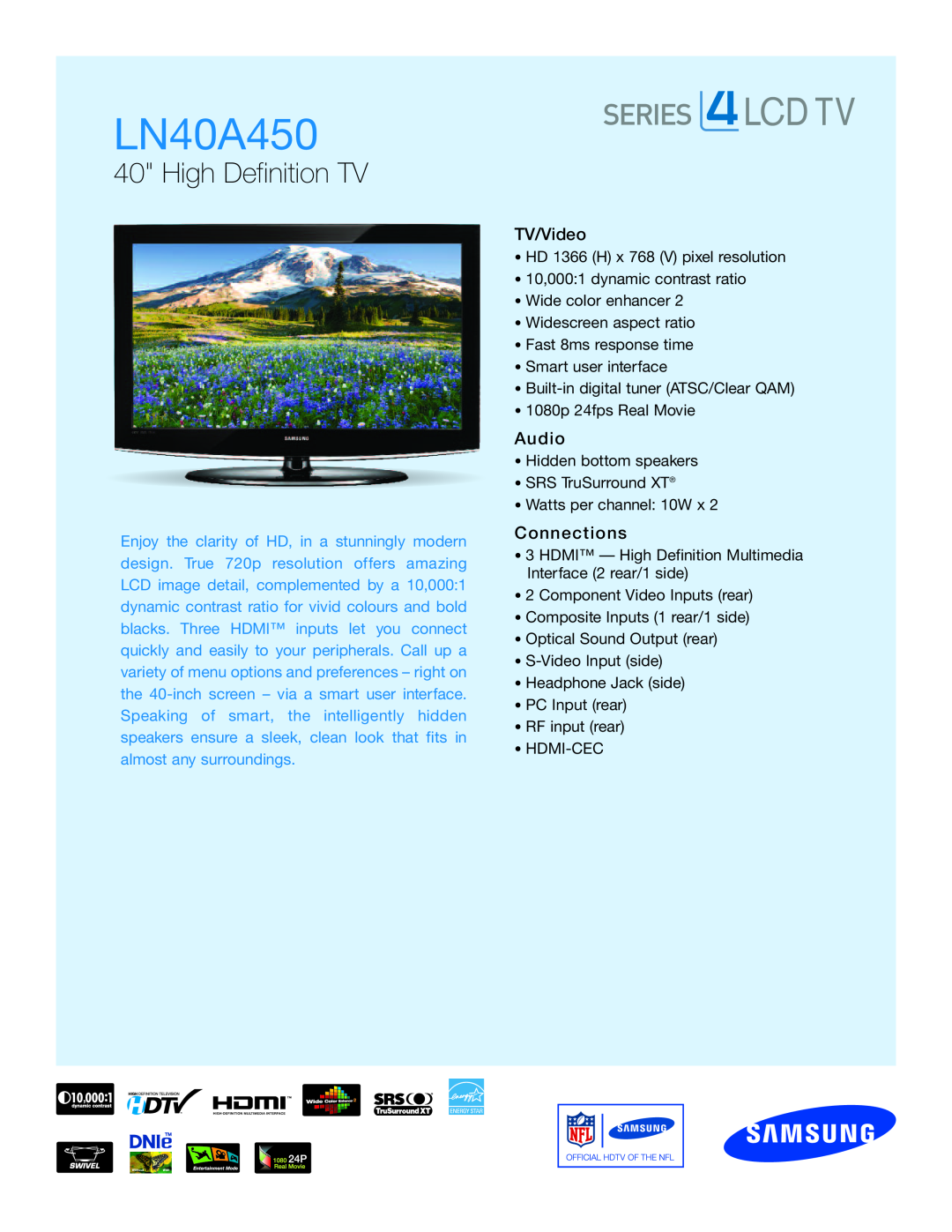 Samsung LN40A450 manual High Definition TV, Lcdtv, TV/Video, Audio, Connect ions 