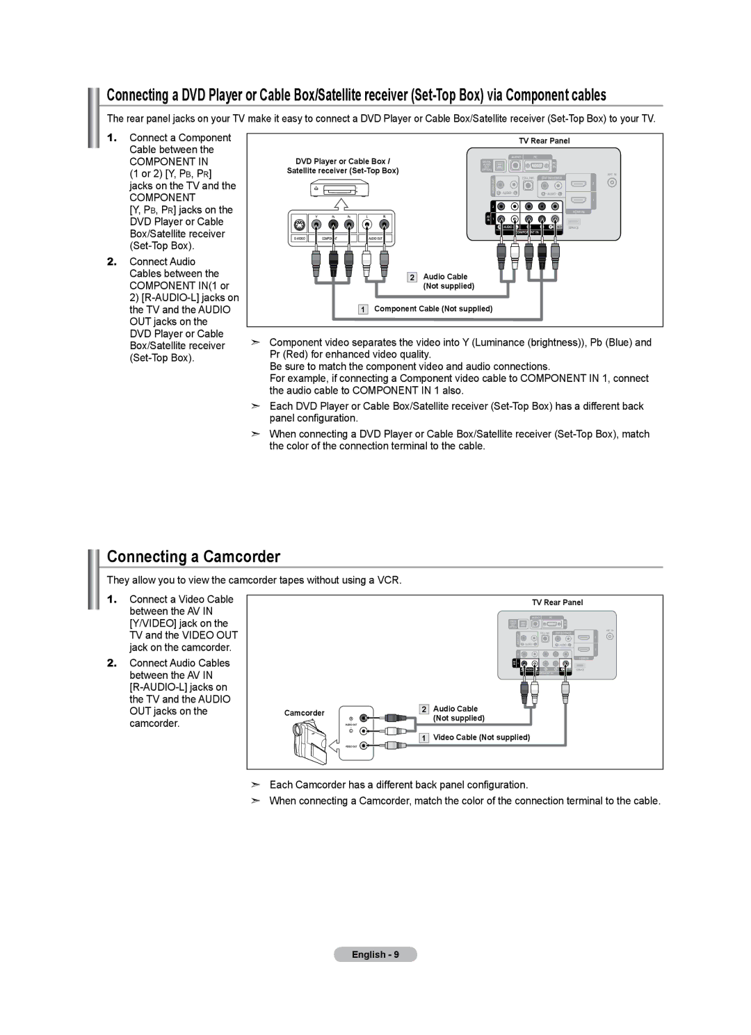 Samsung LN46A500T1F Connecting a Camcorder, Component in 1 or 2 Y, PB, PR jacks on the TV, Connect a Video Cable 