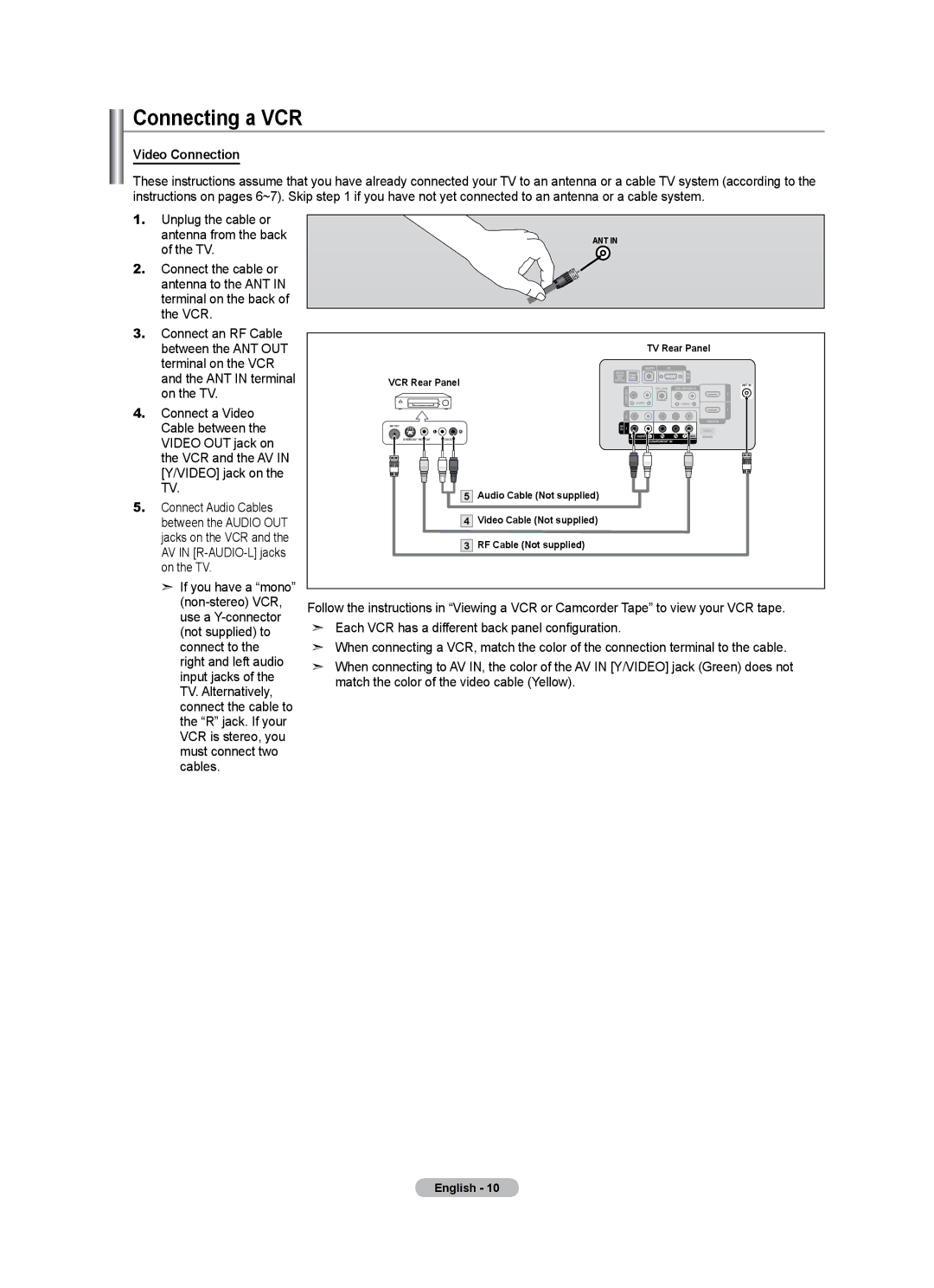 Samsung LN40A500T1F, LN46A500T1F user manual Connecting a VCR, Video Connection 