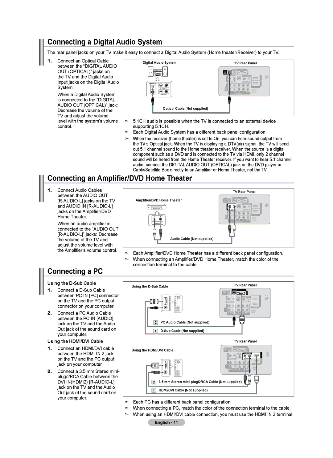 Samsung LN46A500T1F Connecting a Digital Audio System, Connecting an Amplifier/DVD Home Theater, Connecting a PC 