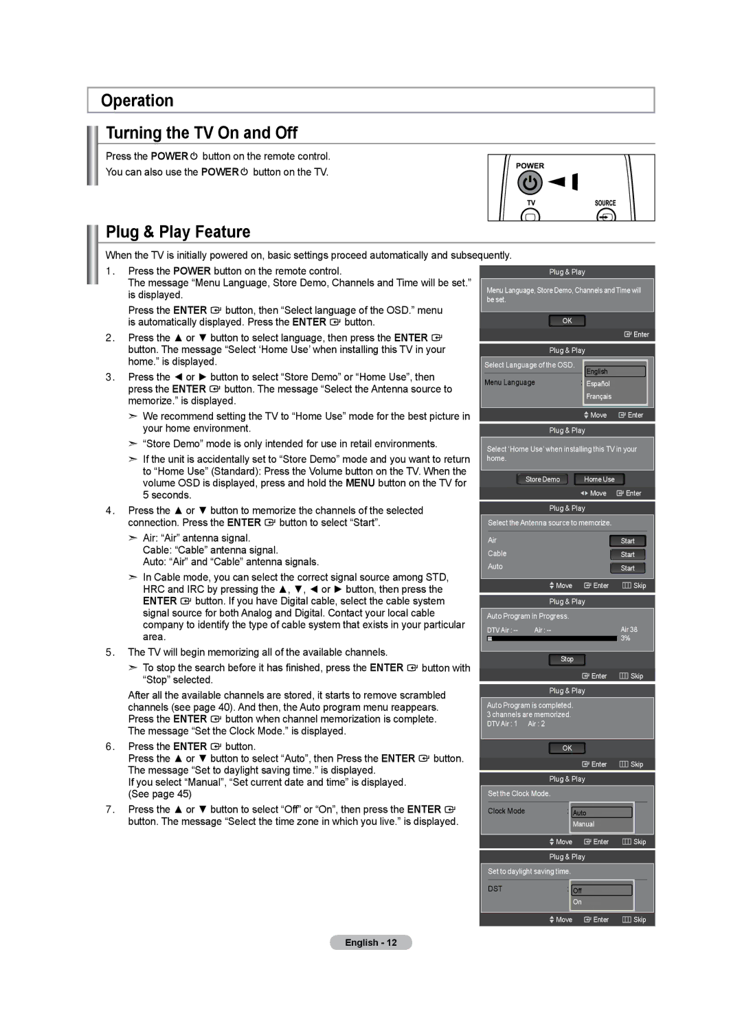 Samsung LN40A500T1F, LN46A500T1F user manual Operation Turning the TV On and Off, Plug & Play Feature 