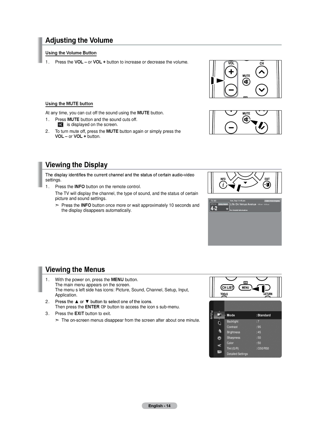 Samsung LN40A500T1F, LN46A500T1F Adjusting the Volume, Viewing the Display, Viewing the Menus, Using the Volume Button 