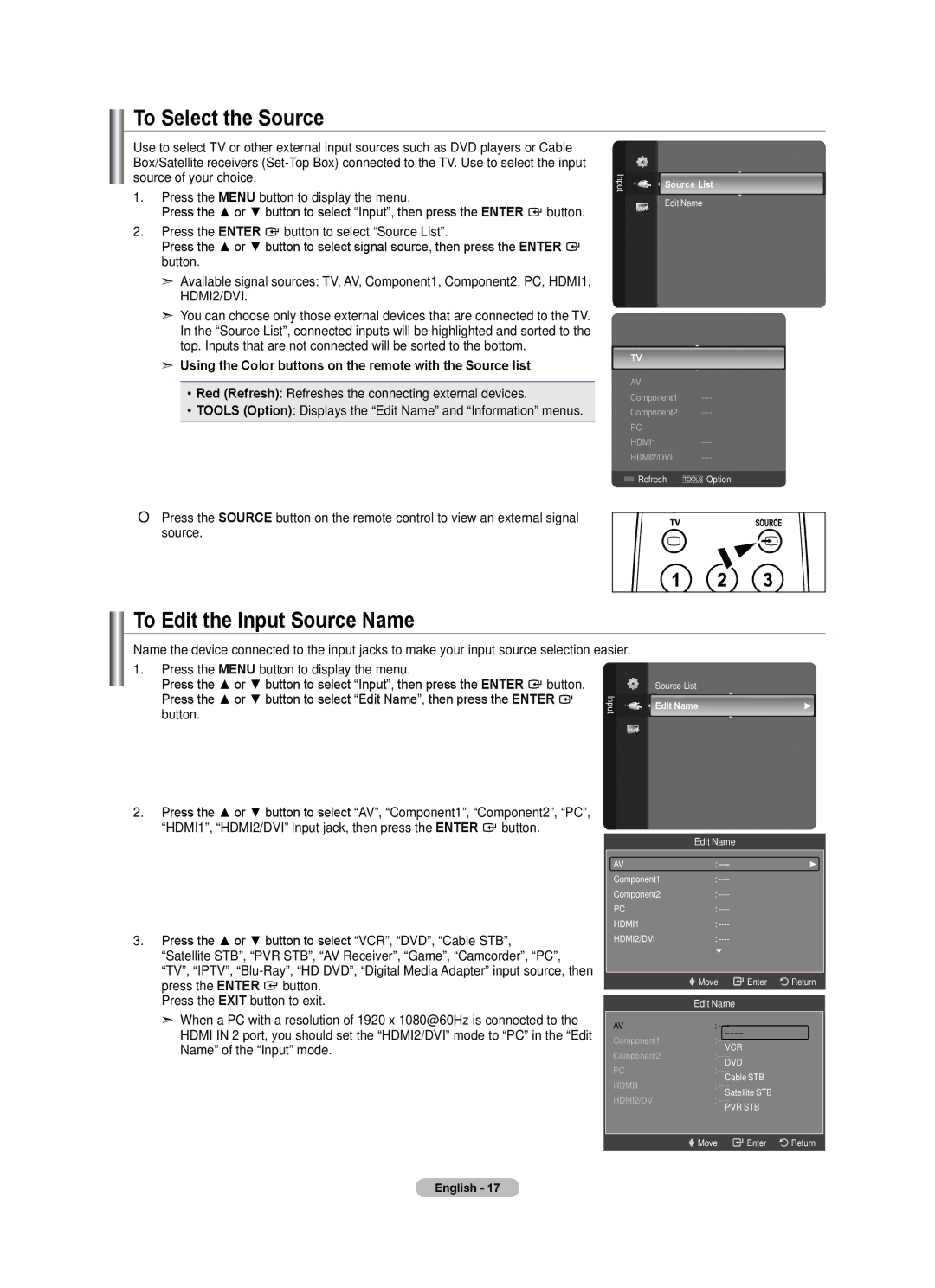 Samsung LN46A500T1F, LN40A500T1F user manual To Select the Source, To Edit the Input Source Name, Edit Name 