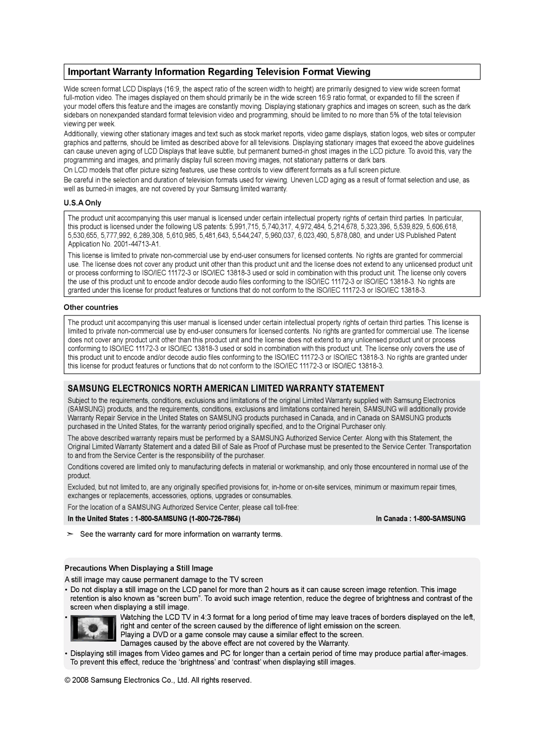 Samsung LN40A500T1F, LN46A500T1F user manual A Only, Other countries, Precautions When Displaying a Still Image 