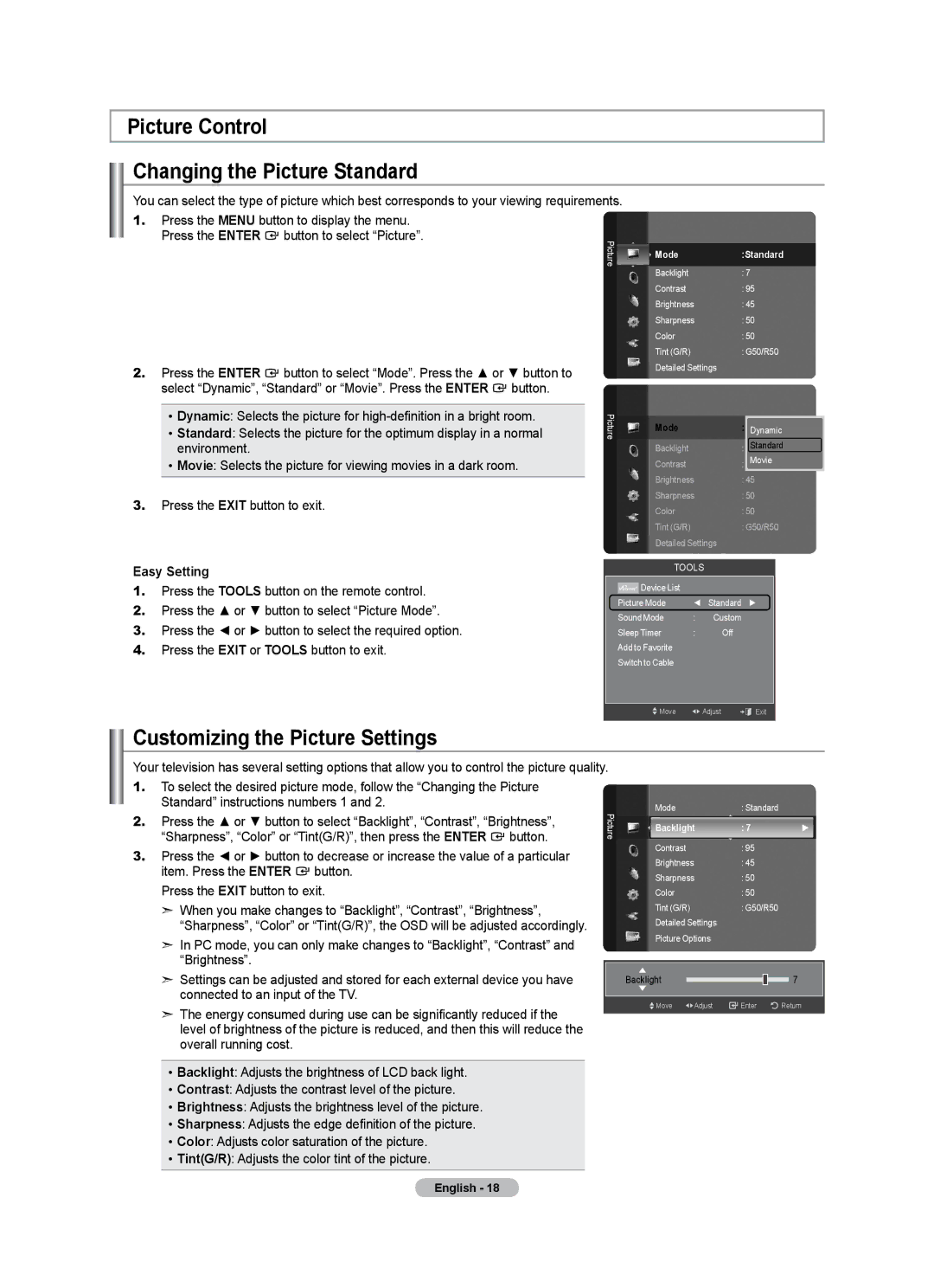 Samsung LN40A500T1F user manual Picture Control Changing the Picture Standard, Customizing the Picture Settings, Backlight 