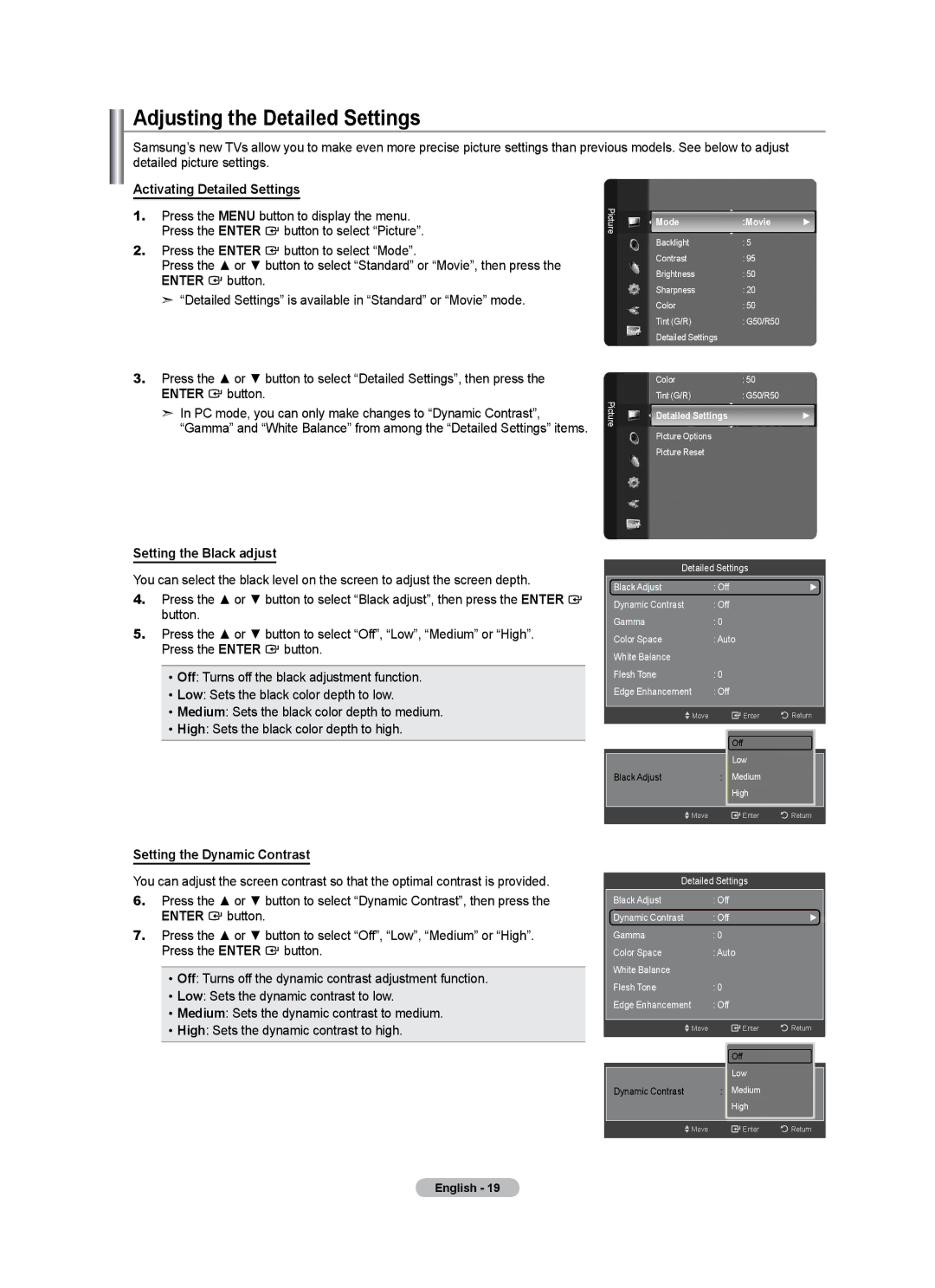 Samsung LN46A500T1F, LN40A500T1F Adjusting the Detailed Settings, Activating Detailed Settings, Setting the Black adjust 