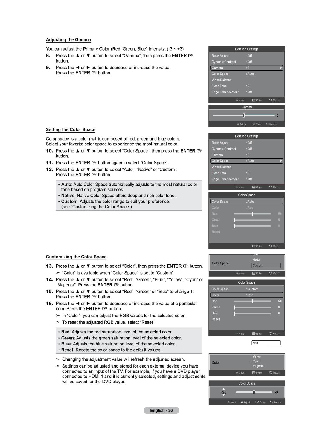 Samsung LN40A500T1F, LN46A500T1F user manual Adjusting the Gamma, Setting the Color Space, Customizing the Color Space 