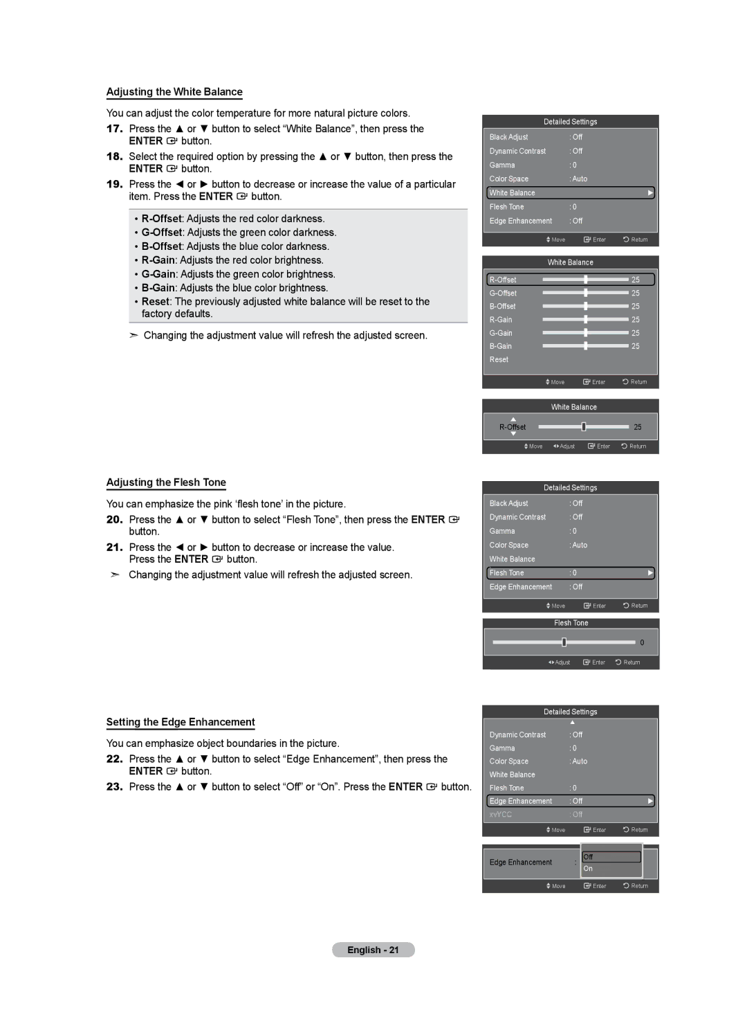 Samsung LN46A500T1F, LN40A500T1F Adjusting the White Balance, Adjusting the Flesh Tone, Setting the Edge Enhancement 